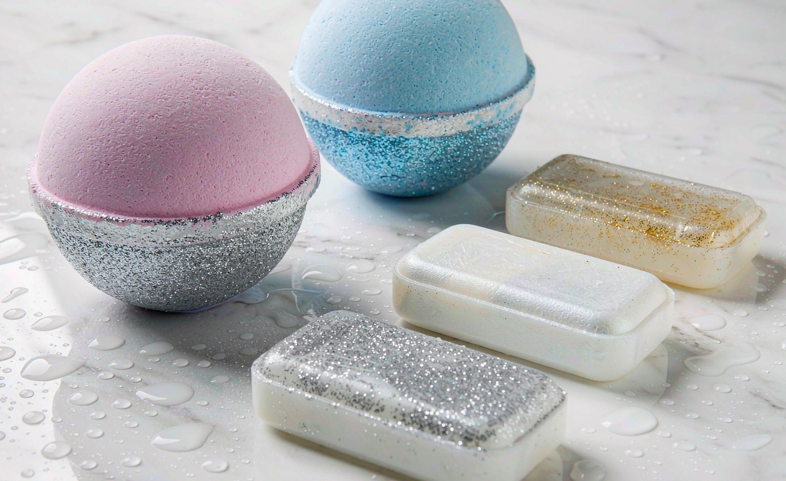 Pearl & Glitter in Bath Bombs and Soap