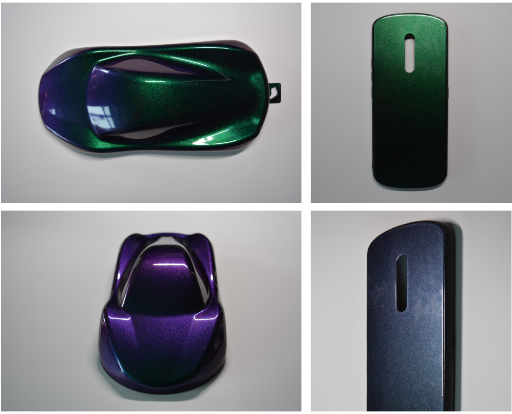 Automotive coating with optically variable chameleon pigment — green-to-blue color shift on car body
