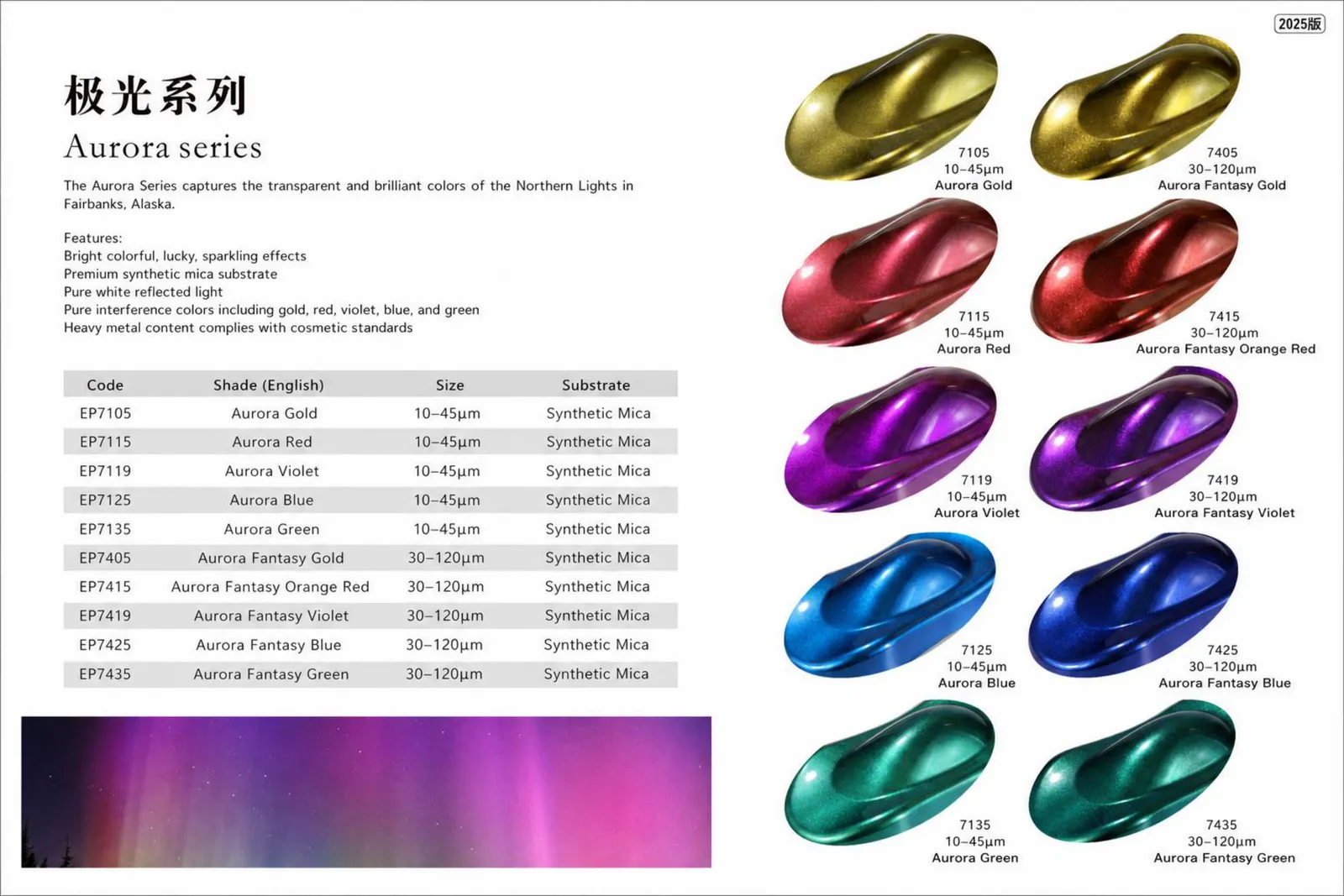 Aurora Series color chart and product datasheet