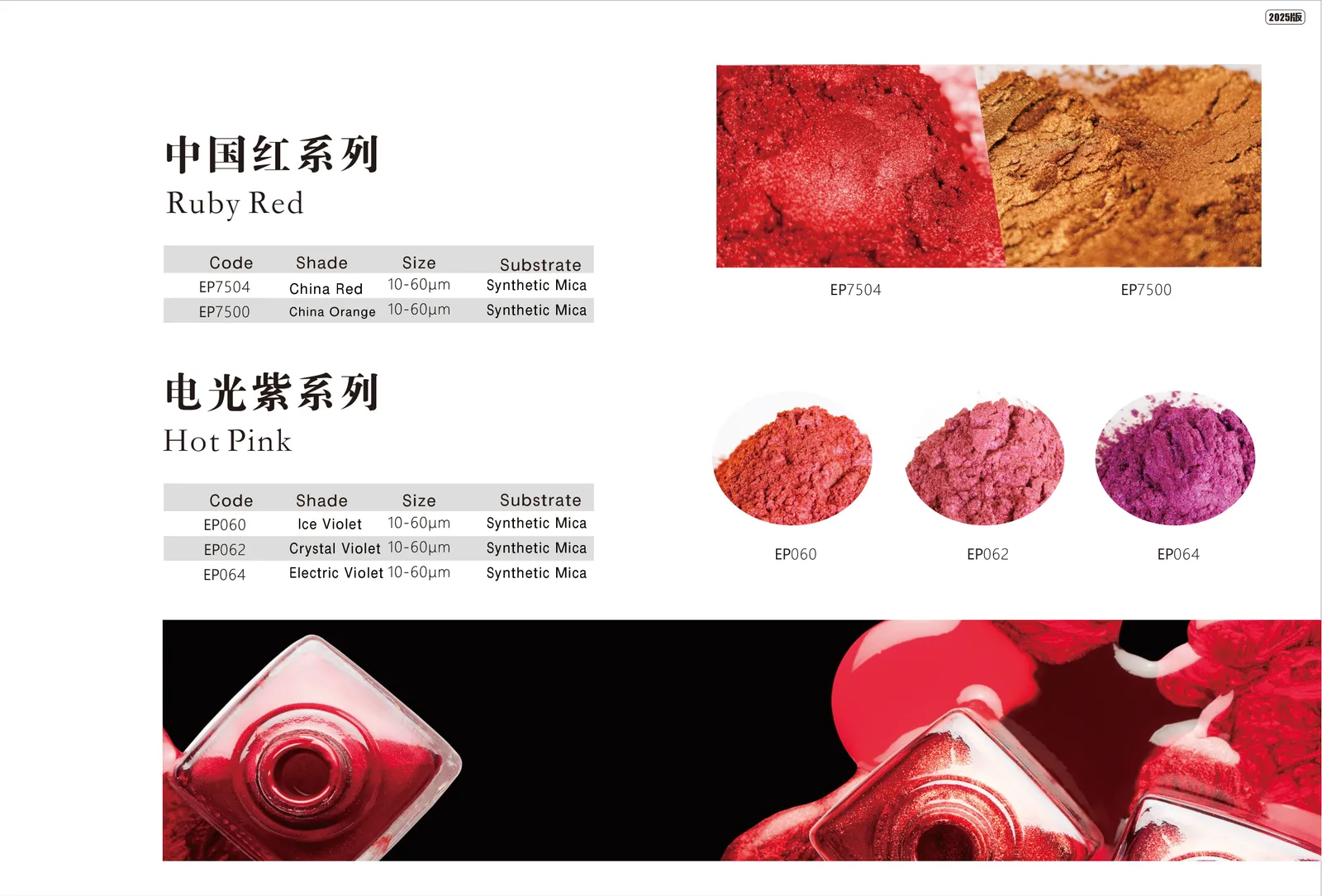 Ruby Red & Hot Pink Series color chart and product datasheet