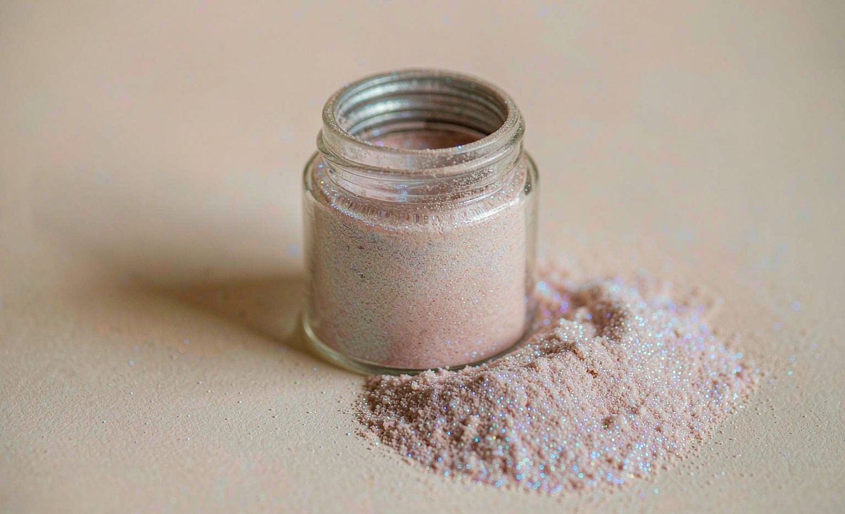 Loose biodegradable glitter in a small jar with a silver lid ring — plant-based cellulose sparkle